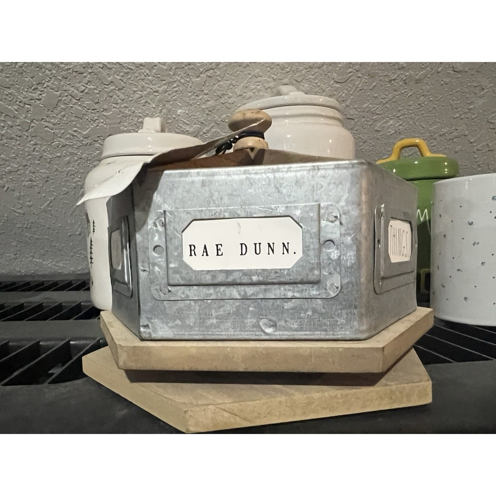 Rae Dunn Pencil Carousel Lazy Susan Organizer (Tin & Wood) NWT